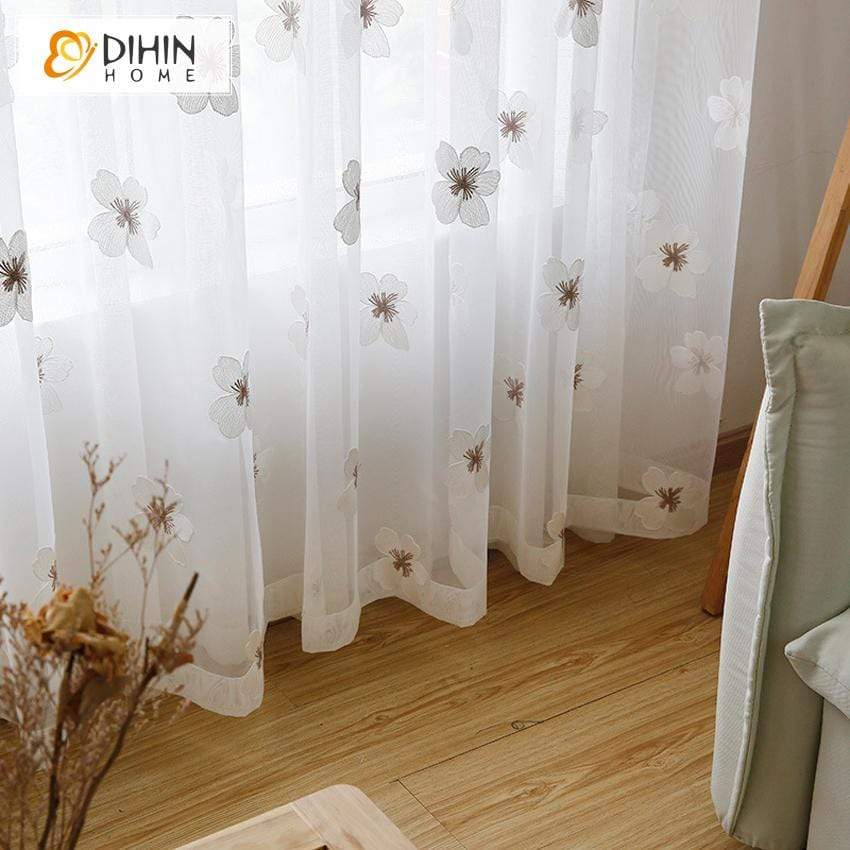 DIHINHOME Home Textile Sheer Curtain DIHIN HOME White Embroidered Sheer Curtain, Grommet Window Curtain for Living Room ,52x63-inch,1 Panel