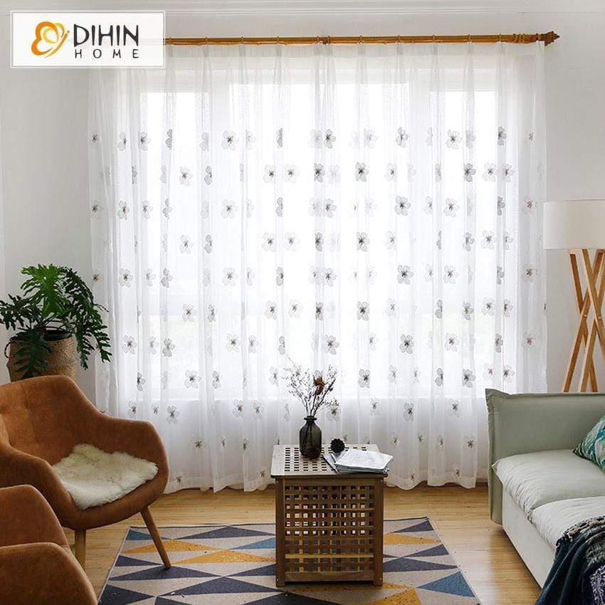 DIHINHOME Home Textile Sheer Curtain DIHIN HOME White Embroidered Sheer Curtain, Grommet Window Curtain for Living Room ,52x63-inch,1 Panel