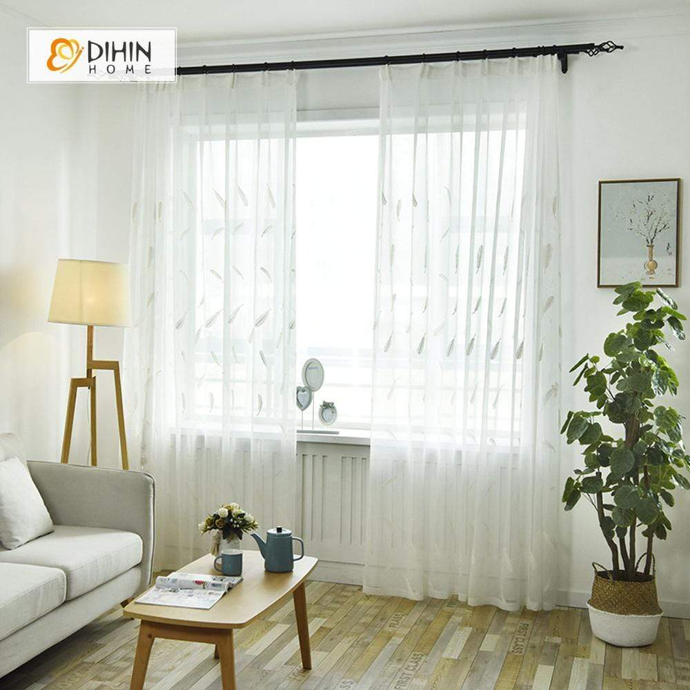DIHINHOME Home Textile Sheer Curtain DIHIN HOME White Feather Embroidered,Sheer Curtain,Blackout Grommet Window Curtain for Living Room ,52x63-inch,1 Panel