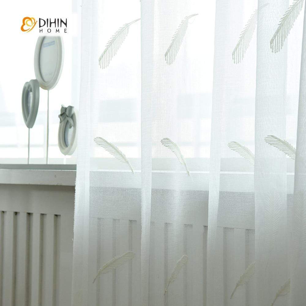 DIHINHOME Home Textile Sheer Curtain DIHIN HOME White Feather Embroidered,Sheer Curtain,Blackout Grommet Window Curtain for Living Room ,52x63-inch,1 Panel