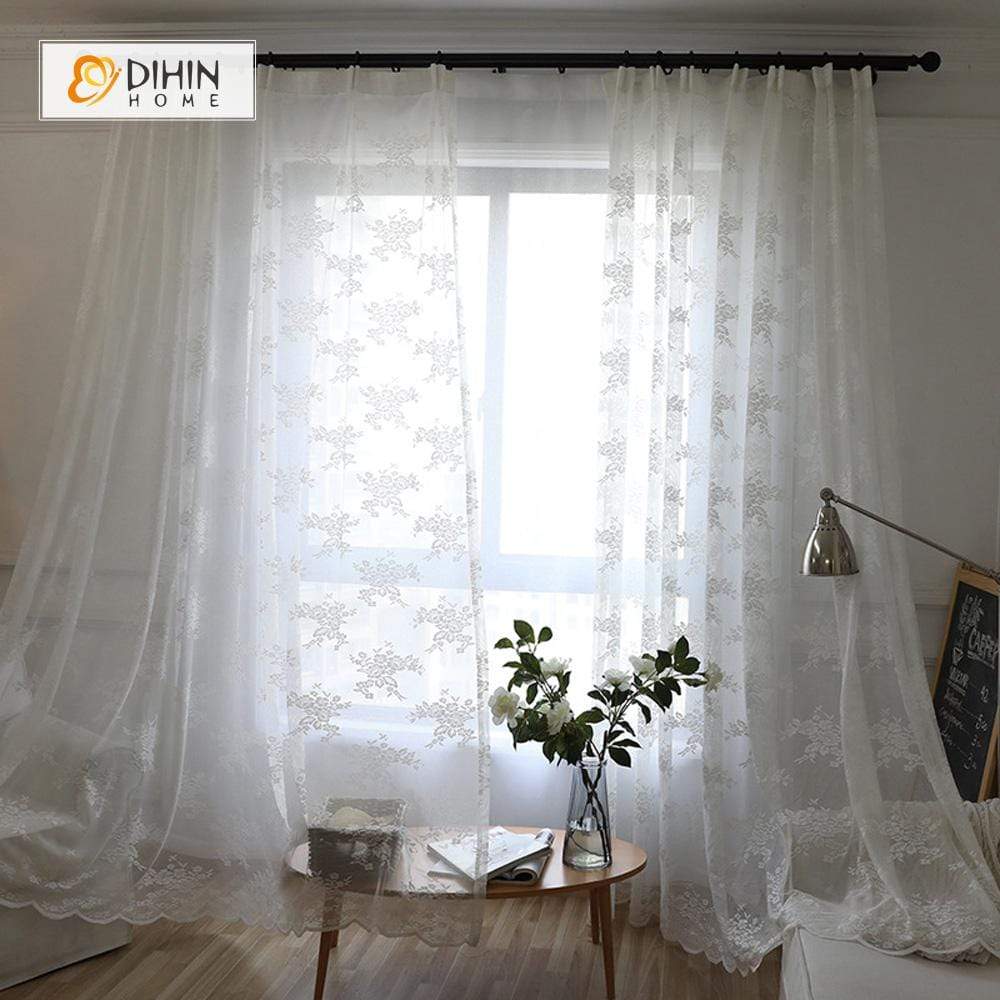 DIHINHOME Home Textile Sheer Curtain DIHIN HOME White Flower Jacquard ,Sheer Curtain,Blackout Grommet Window Curtain for Living Room ,52x63-inch,1 Panel