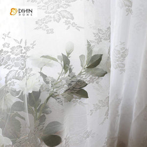 DIHINHOME Home Textile Sheer Curtain DIHIN HOME White Flower Jacquard ,Sheer Curtain,Blackout Grommet Window Curtain for Living Room ,52x63-inch,1 Panel