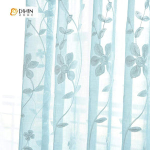 DIHINHOME Home Textile Sheer Curtain DIHIN HOME White Flowers Blue Background Embroidered,Sheer Curtain,Blackout Grommet Window Curtain for Living Room ,52x63-inch,1 Panel