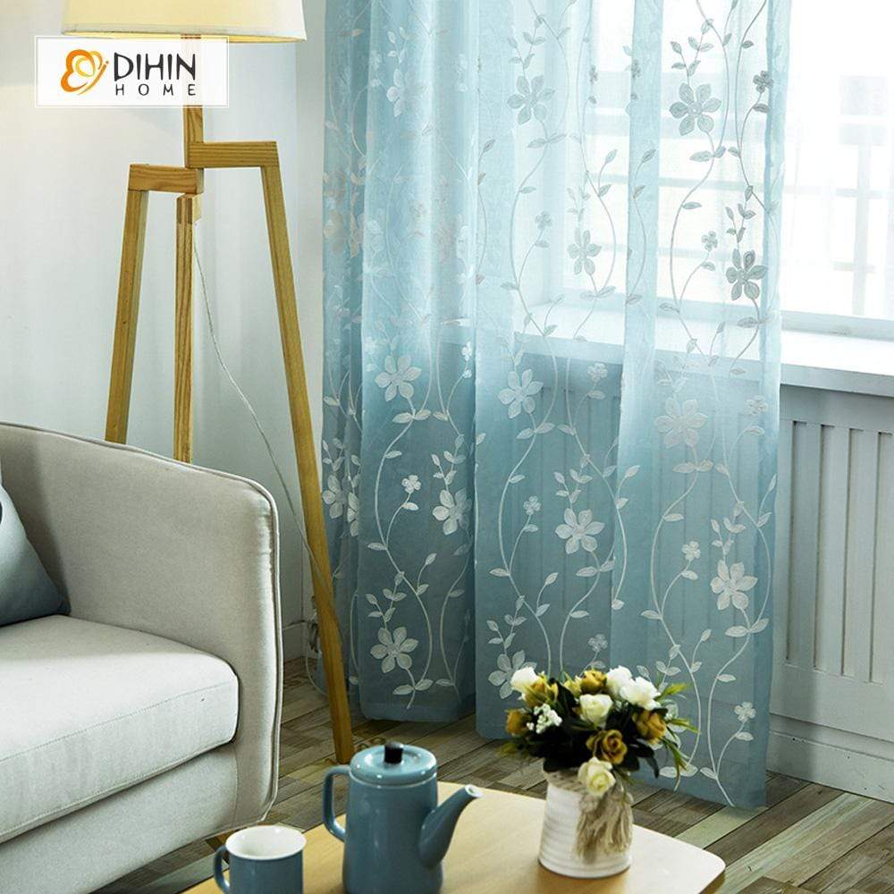 DIHINHOME Home Textile Sheer Curtain DIHIN HOME White Flowers Blue Background Embroidered,Sheer Curtain,Blackout Grommet Window Curtain for Living Room ,52x63-inch,1 Panel