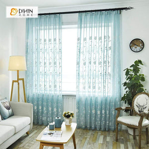 DIHINHOME Home Textile Sheer Curtain DIHIN HOME White Flowers Blue Background Embroidered,Sheer Curtain,Blackout Grommet Window Curtain for Living Room ,52x63-inch,1 Panel
