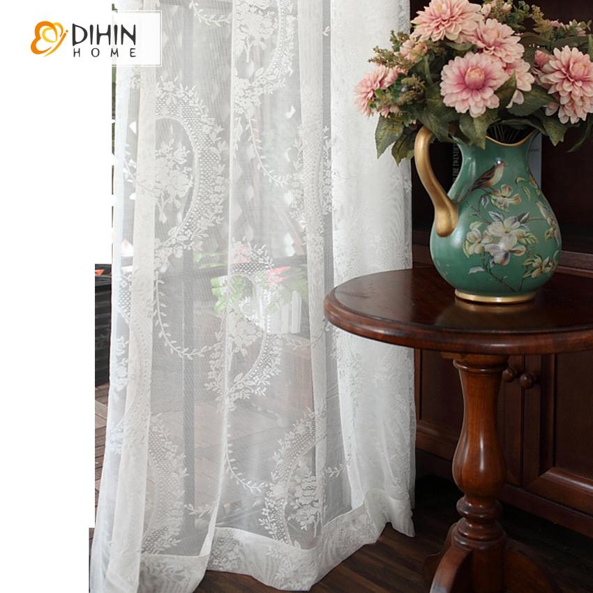 DIHIN HOME White Lace Embroidery ,Sheer Curtain, Grommet Window Curtain for Living Room ,52x63-inch,1 Panel