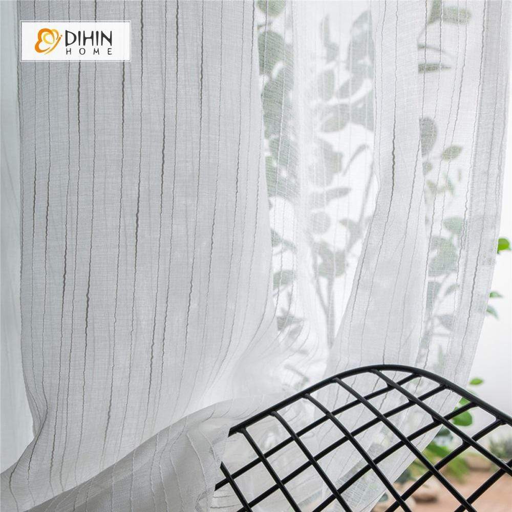 DIHINHOME Home Textile Sheer Curtain DIHIN HOME White Lines Embroidered,Sheer Curtain,Blackout Grommet Window Curtain for Living Room ,52x63-inch,1 Panel