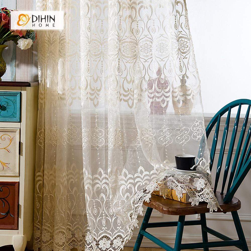 DIHINHOME Home Textile Sheer Curtain DIHIN HOME White Pattern Sheer Curtain ,Day Curtains Grommet Window Curtain for Living Room ,52x63-inch,1 Panel