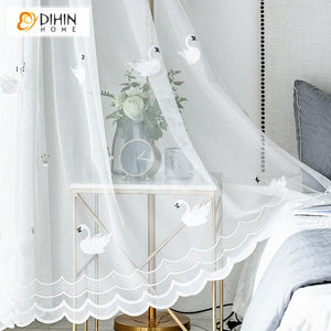 DIHIN HOME White Swan Embroidered Curtains ,Sheer Curtain, Grommet Window Curtain for Living Room ,52x63-inch,1 Panel