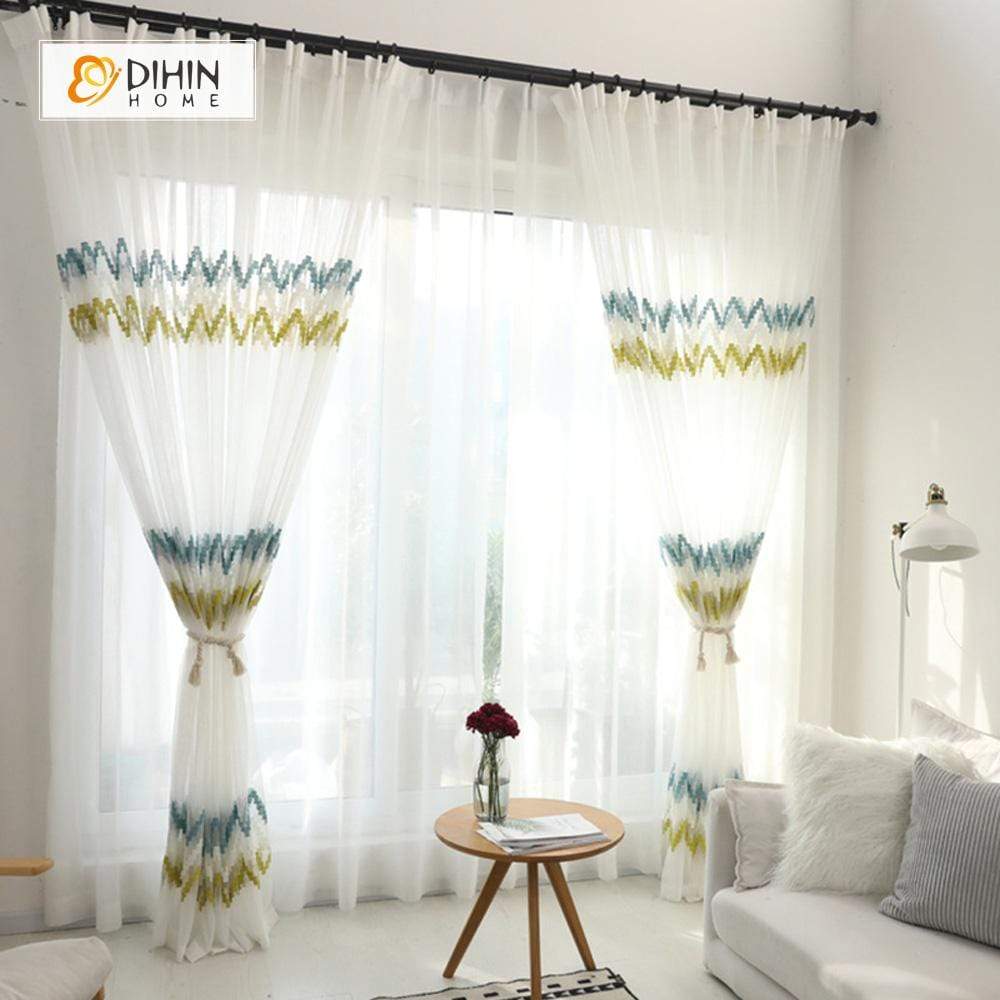 DIHINHOME Home Textile Sheer Curtain DIHIN HOME Yellow and Blue Stripes Embroidered,Sheer Curtain,Blackout Grommet Window Curtain for Living Room ,52x63-inch,1 Panel