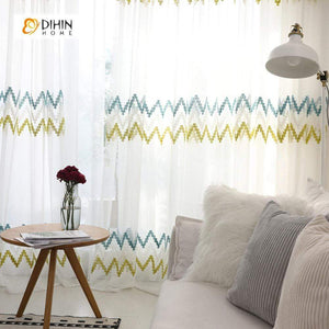 DIHINHOME Home Textile Sheer Curtain DIHIN HOME Yellow and Blue Stripes Embroidered,Sheer Curtain,Blackout Grommet Window Curtain for Living Room ,52x63-inch,1 Panel
