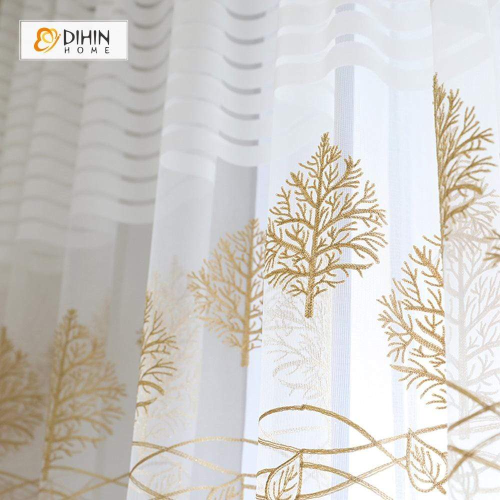 DIHINHOME Home Textile Sheer Curtain DIHIN HOME Yellow Tree Embroidered,Sheer Curtain,Blackout Grommet Window Curtain for Living Room ,52x63-inch,1 Panel