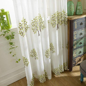 DIHINHOME Home Textile Sheer Curtain Green Embroidered Sheer Curtain Tree Pattern Window Screening