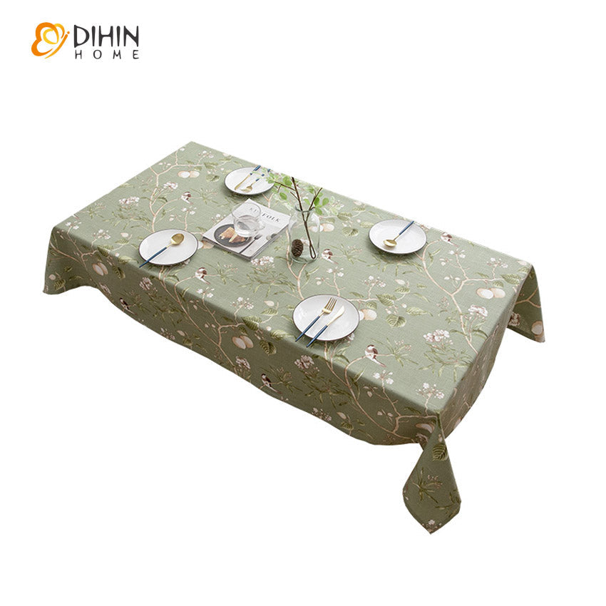 DIHINHOME Home Textile Tablecloth DIHIN HOME American Pastoral Green Bird and Tree Printed Tablecloth For Rectangle Tables,Custom Washed Linen Tablecloth,Handmade Rectangle Table Cover