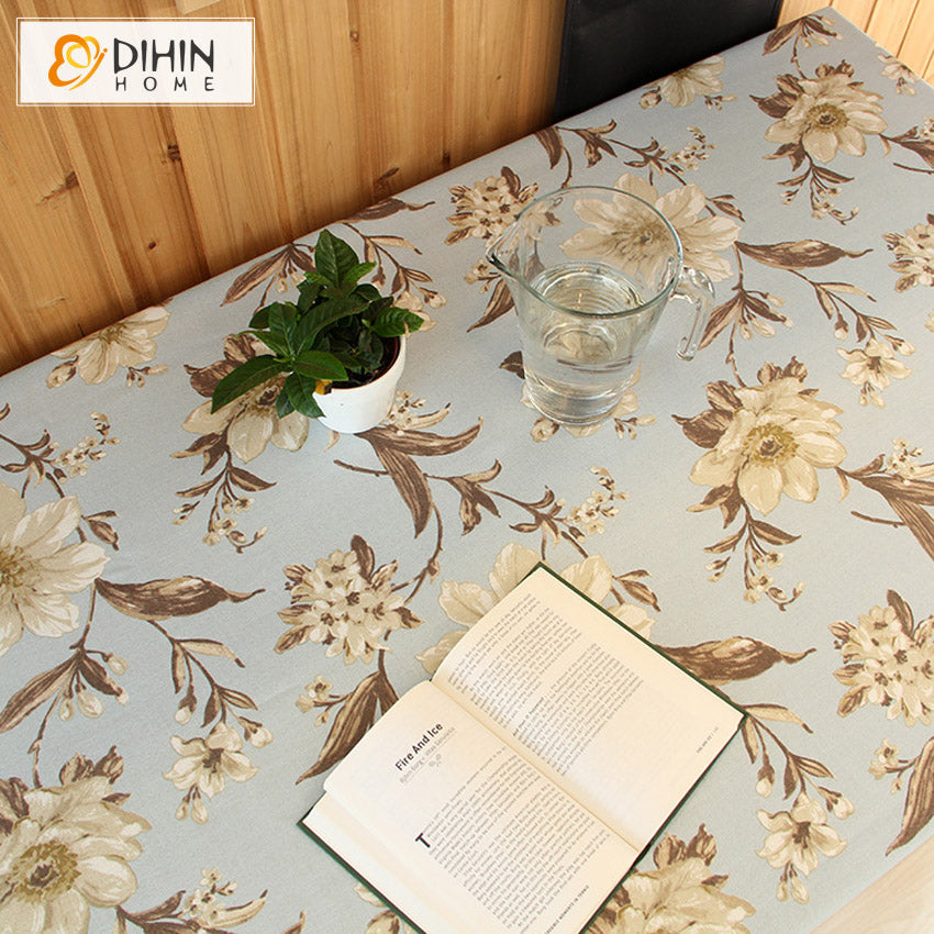 DIHINHOME Home Textile Tablecloth DIHIN HOME American Pastoral Retro Flowers Printed Tablecloth For Rectangle Tables,Custom Washed Linen Tablecloth,Handmade Rectangle Table Cover