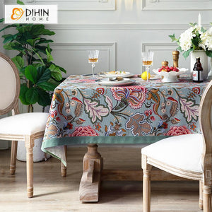 DIHINHOME Home Textile Tablecloth DIHIN HOME American Retro Flowers Printed Tablecloth For Rectangle Tables,Custom Washed Linen Tablecloth,Handmade Rectangle Table Cover