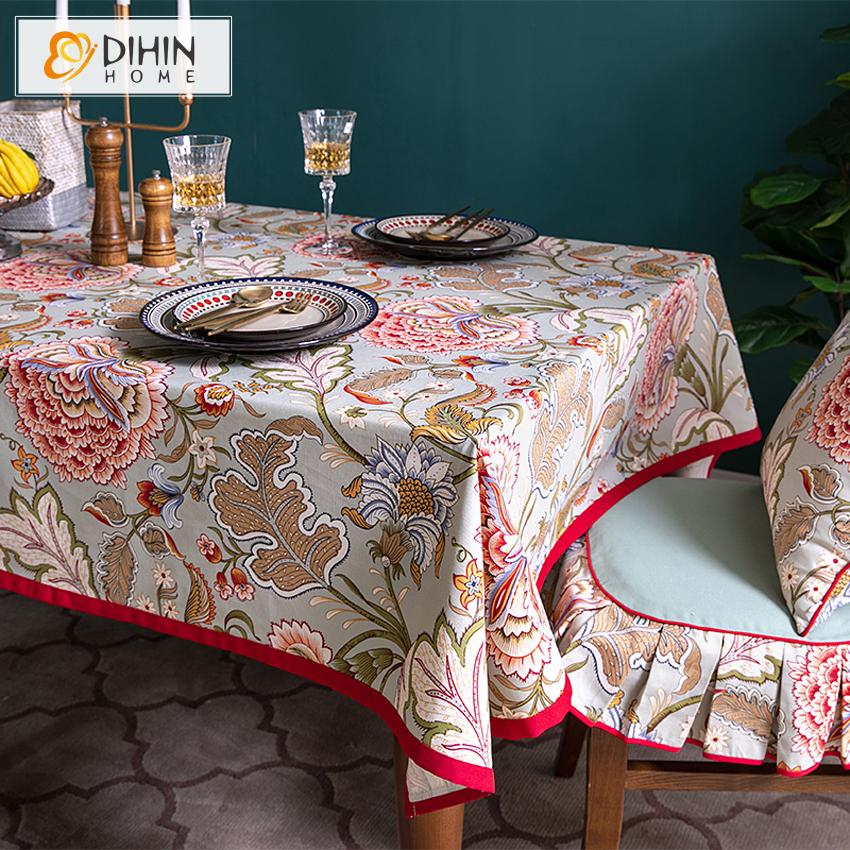 DIHINHOME Home Textile Tablecloth DIHIN HOME American Retro Flowers Printed Tablecloth With Red Border For Rectangle Tables,Custom Washed Linen Tablecloth,Handmade Rectangle Table Cover
