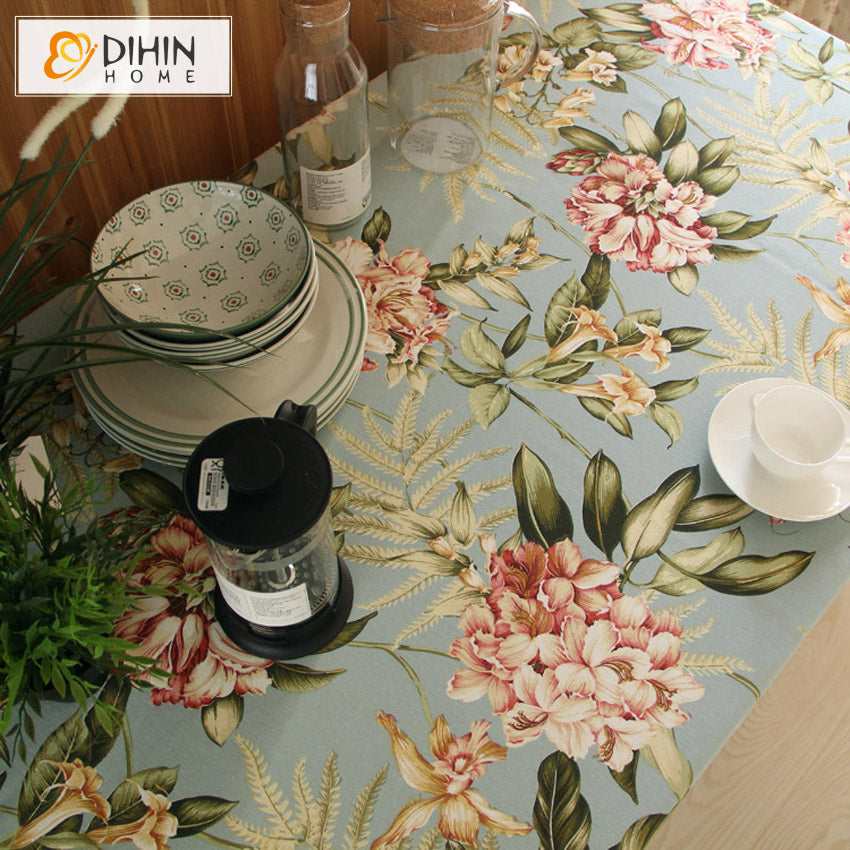 DIHINHOME Home Textile Tablecloth DIHIN HOME American Retro Pastoral Flowers Printed Tablecloth For Rectangle Tables,Custom Washed Linen Tablecloth,Handmade Rectangle Table Cover