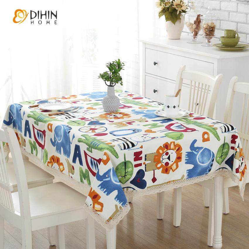 DIHINHOME Home Textile Tablecloth DIHIN HOME Cartoon Children Room Animals Printed Tablecloth For Rectangle Tables,Custom Washed Linen Tablecloth,Handmade Rectangle Table Cover
