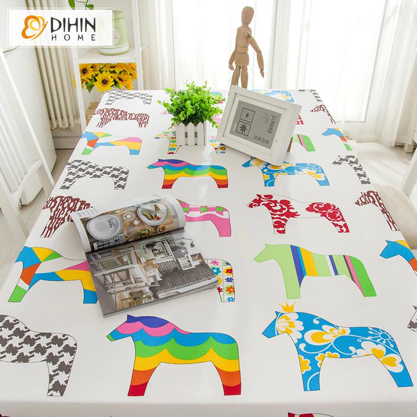 DIHINHOME Home Textile Tablecloth DIHIN HOME Cartoon Colorful Pony Balloons Printed Tablecloth For Rectangle Tables,Custom Washed Linen Tablecloth,Handmade Rectangle Table Cover
