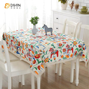 DIHINHOME Home Textile Tablecloth DIHIN HOME Cartoon Little Pony Printed Tablecloth For Rectangle Tables,Custom Washed Linen Tablecloth,Handmade Rectangle Table Cover