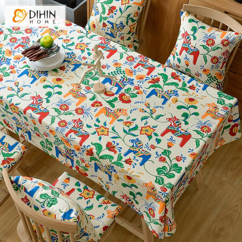 DIHINHOME Home Textile Tablecloth DIHIN HOME Cartoon Lovely Little Pony Printed Tablecloth For Rectangle Tables,Custom Washed Linen Tablecloth,Handmade Rectangle Table Cover