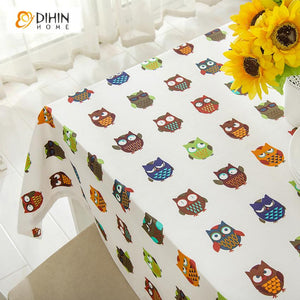 DIHINHOME Home Textile Tablecloth DIHIN HOME Cartoon Owls Printed Tablecloth For Rectangle Tables,Custom Washed Linen Tablecloth,Handmade Rectangle Table Cover