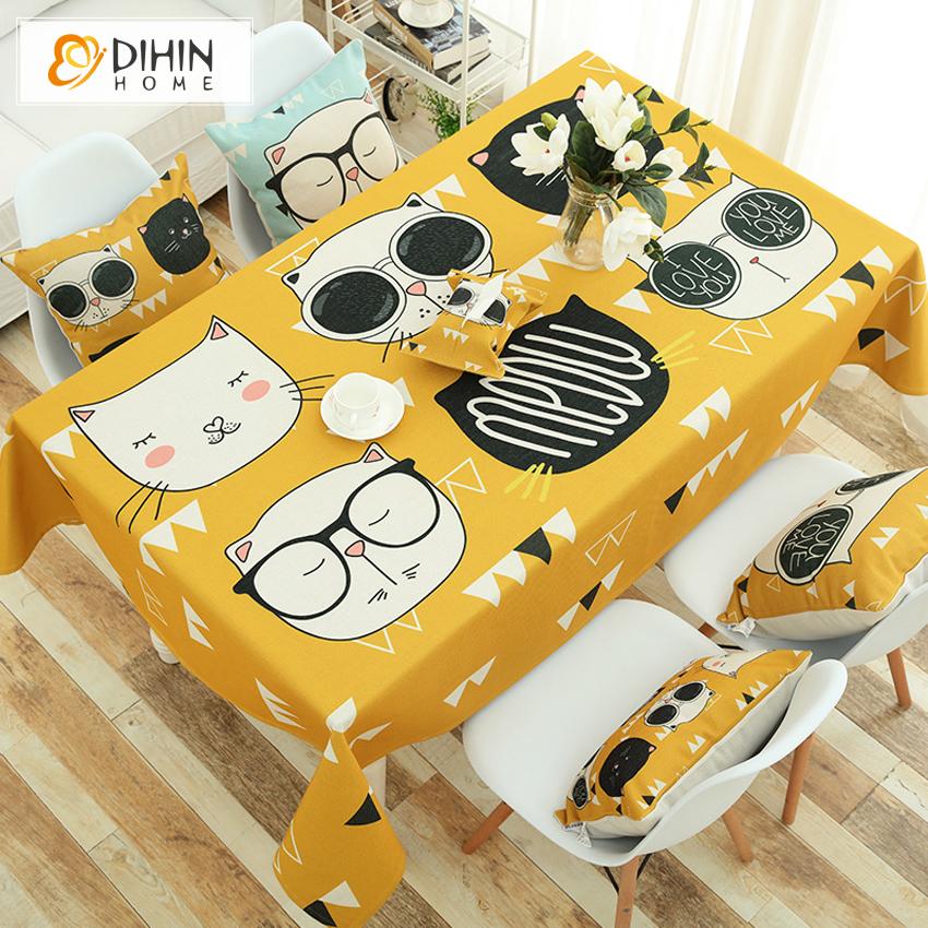 DIHINHOME Home Textile Tablecloth DIHIN HOME Cartoon Yellow Cat Printed Tablecloth For Rectangle Tables,Custom Washed Linen Tablecloth,Handmade Rectangle Table Cover