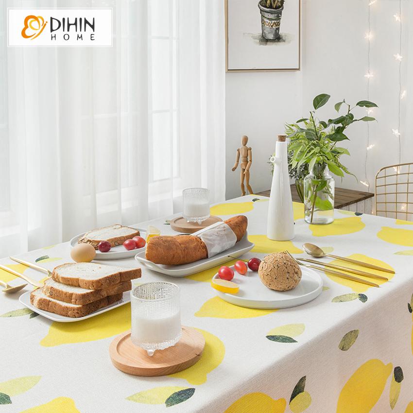 DIHINHOME Home Textile Tablecloth DIHIN HOME Cartoon Yellow Lemons Printed Tablecloth For Rectangle Tables,Custom Washed Linen Tablecloth,Handmade Rectangle Table Cover