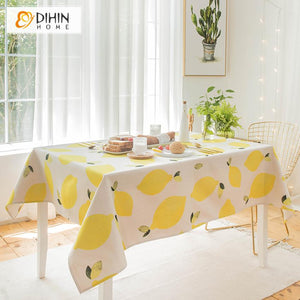 DIHINHOME Home Textile Tablecloth DIHIN HOME Cartoon Yellow Lemons Printed Tablecloth For Rectangle Tables,Custom Washed Linen Tablecloth,Handmade Rectangle Table Cover