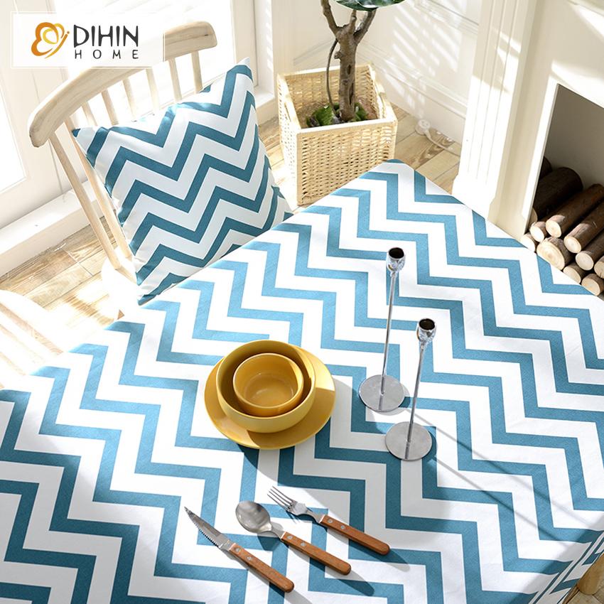DIHINHOME Home Textile Tablecloth DIHIN HOME Fashion Blue Waves Printed Tablecloth For Rectangle Tables,Custom Washed Linen Tablecloth,Handmade Rectangle Table Cover