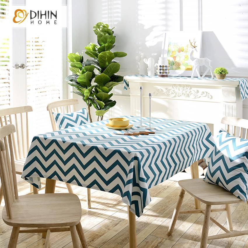 DIHINHOME Home Textile Tablecloth DIHIN HOME Fashion Blue Waves Printed Tablecloth For Rectangle Tables,Custom Washed Linen Tablecloth,Handmade Rectangle Table Cover