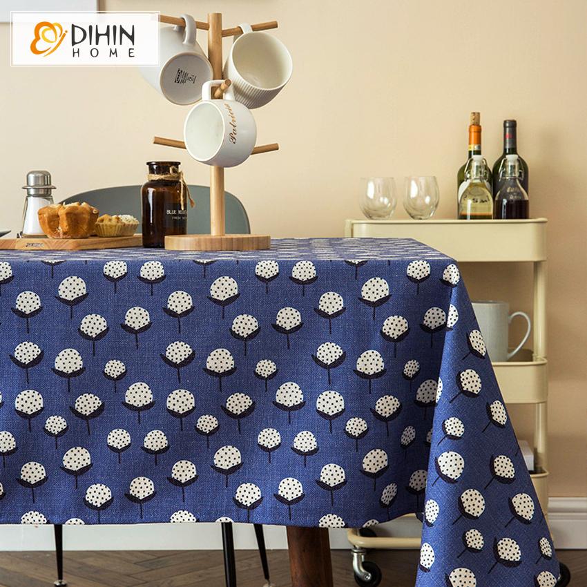 DIHINHOME Home Textile Tablecloth DIHIN HOME Garden Blue Color White Flowers Printed Tablecloth For Rectangle Tables,Custom Washed Linen Tablecloth,Handmade Rectangle Table Cover