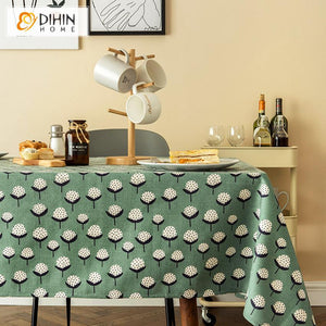 DIHINHOME Home Textile Tablecloth DIHIN HOME Garden Green Color White Flowers Printed Tablecloth For Rectangle Tables,Custom Washed Linen Tablecloth,Handmade Rectangle Table Cover