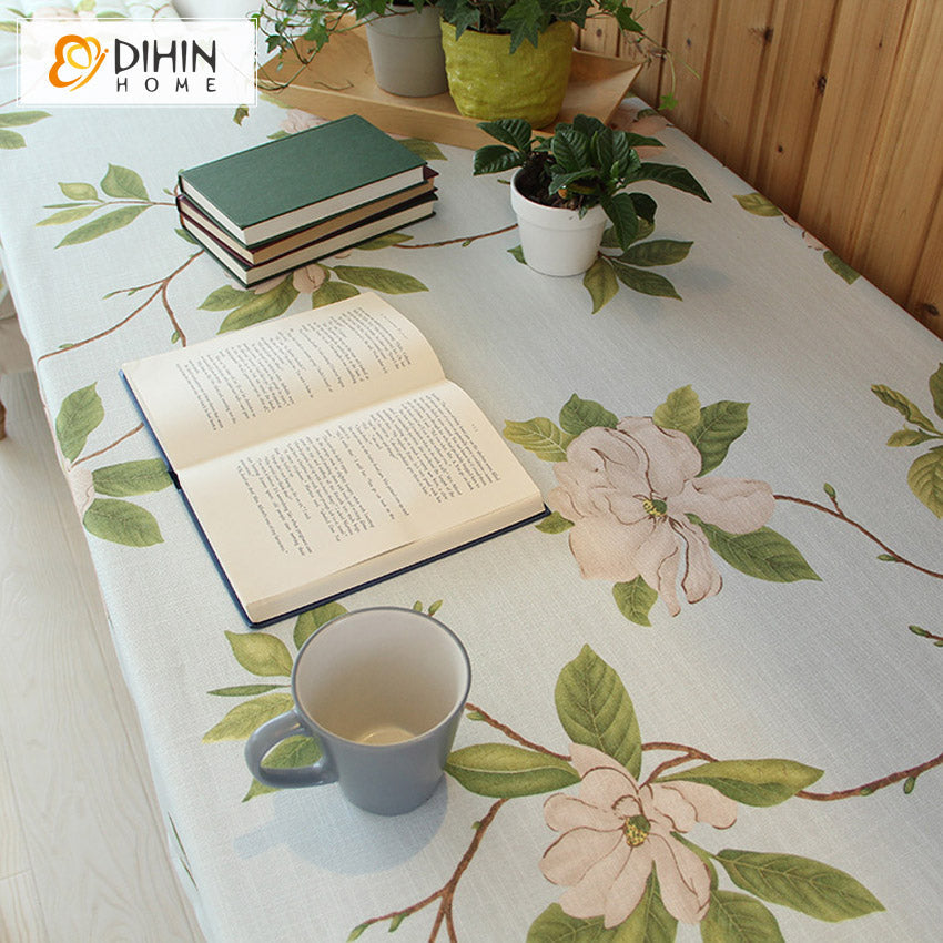 DIHINHOME Home Textile Tablecloth DIHIN HOME Garden Light Blue Color Foral Tablecloth For Rectangle Tables,Custom Washed Linen Tablecloth,Handmade Rectangle Table Cover