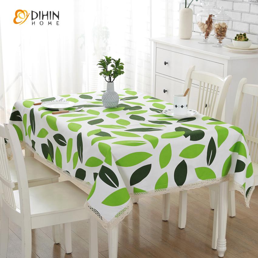 DIHINHOME Home Textile Tablecloth DIHIN HOME Green Leaf Printed Tablecloth For Rectangle Tables,Custom Washed Linen Tablecloth,Handmade Rectangle Table Cover
