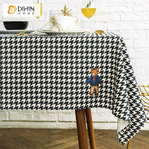 DIHINHOME Home Textile Tablecloth DIHIN HOME Modern Black Houndstooth Printed Tablecloth For Rectangle Tables,Custom Washed Linen Tablecloth,Handmade Rectangle Table Cover