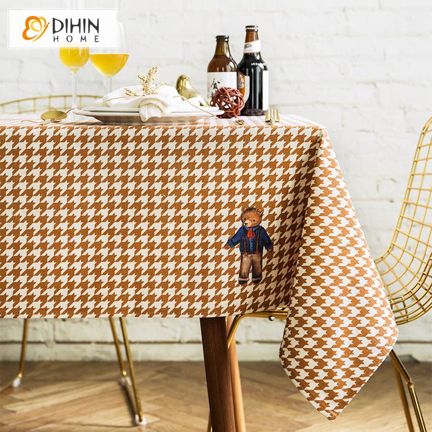 DIHINHOME Home Textile Tablecloth DIHIN HOME Modern Brownish Yellow Houndstooth Printed Tablecloth For Rectangle Tables,Custom Washed Linen Tablecloth,Handmade Rectangle Table Cover