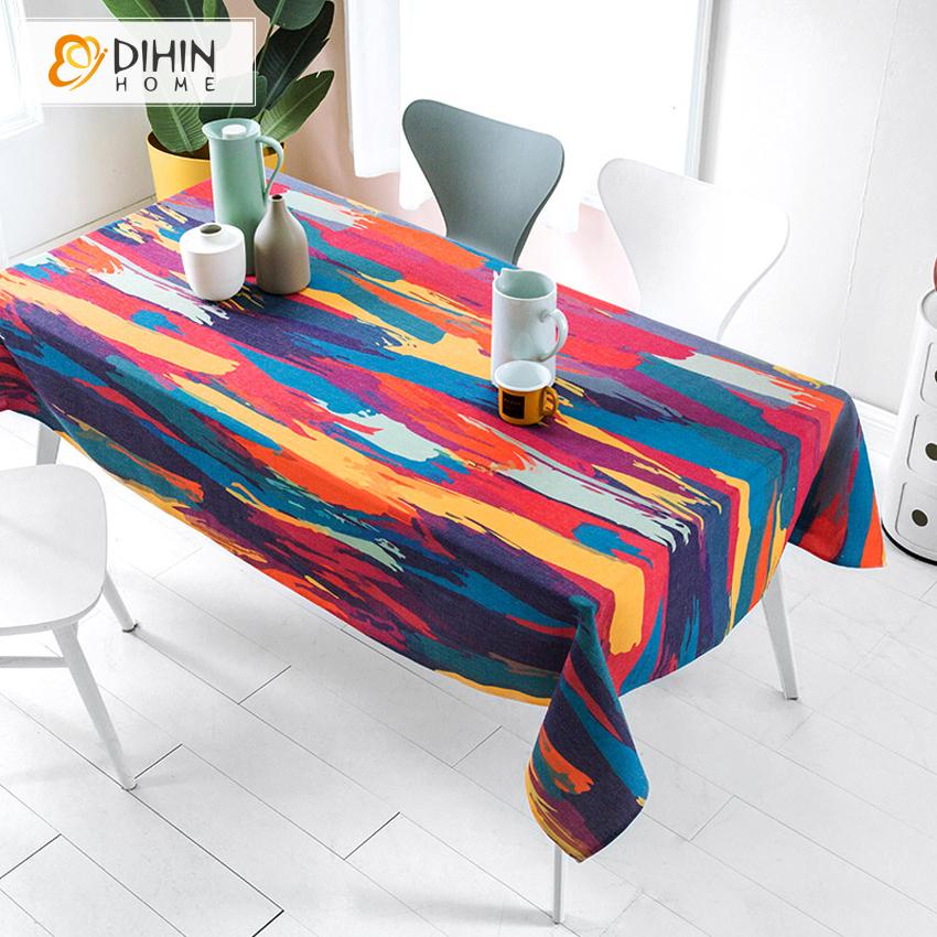 DIHINHOME Home Textile Tablecloth DIHIN HOME Modern Colored Abstract Lines Printed Tablecloth For Rectangle Tables,Custom Washed Linen Tablecloth,Handmade Rectangle Table Cover