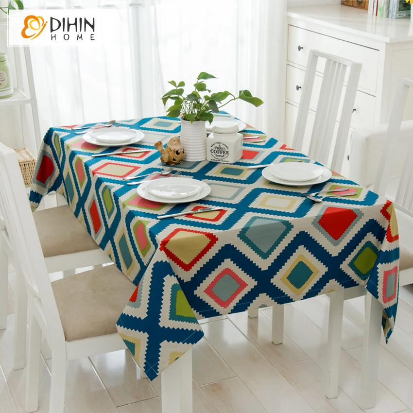 DIHINHOME Home Textile Tablecloth DIHIN HOME Modern Colorful Geometry Printed Tablecloth For Rectangle Tables,Custom Washed Linen Tablecloth,Handmade Rectangle Table Cover