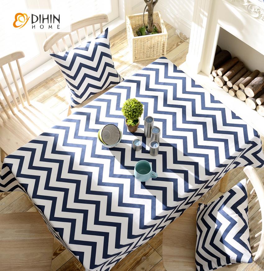DIHINHOME Home Textile Tablecloth DIHIN HOME Modern Navy Blue Waves Printed Tablecloth For Rectangle Tables,Custom Washed Linen Tablecloth,Handmade Rectangle Table Cover