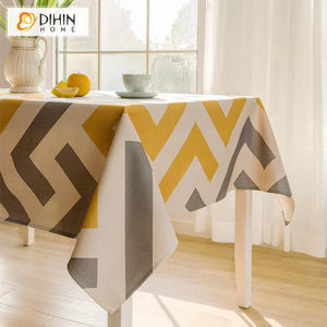 DIHINHOME Home Textile Tablecloth DIHIN HOME Modern Yellow and Grey Geometric Printed Tablecloth For Rectangle Tables,Custom Washed Linen Tablecloth,Handmade Rectangle Table Cover