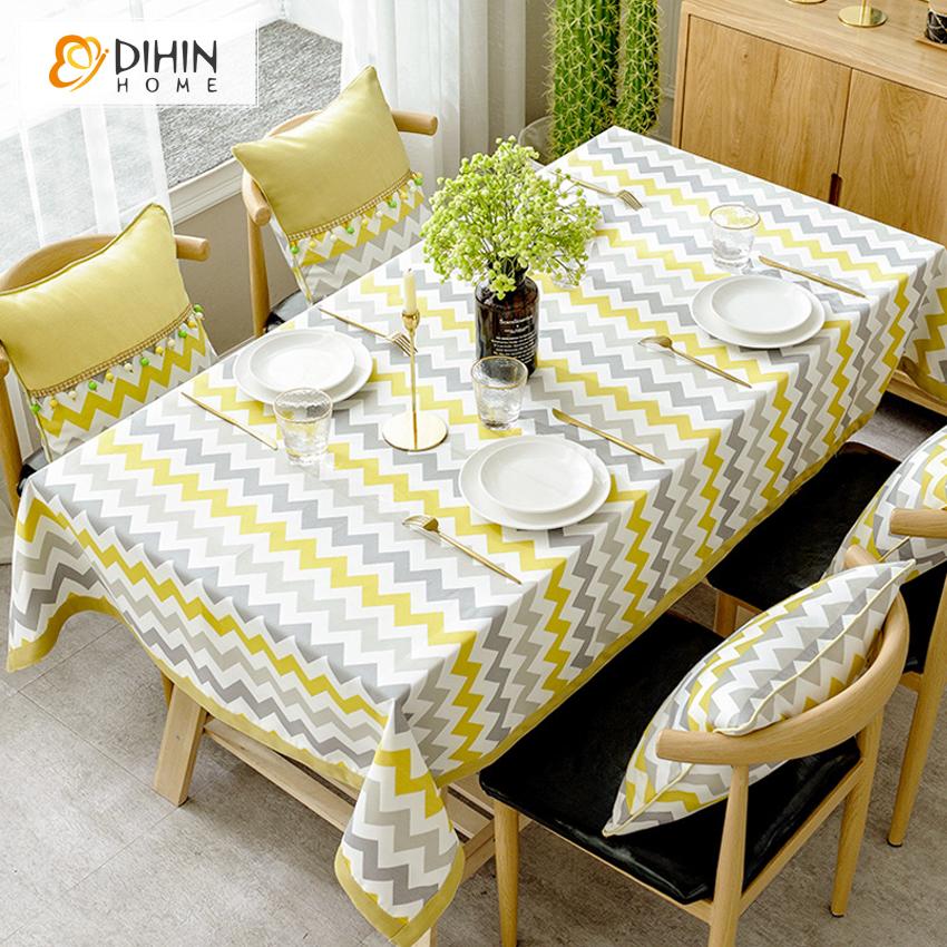 DIHINHOME Home Textile Tablecloth DIHIN HOME Modern Yellow and Grey Strips Printed Tablecloth For Rectangle Tables,Custom Washed Linen Tablecloth,Handmade Rectangle Table Cover