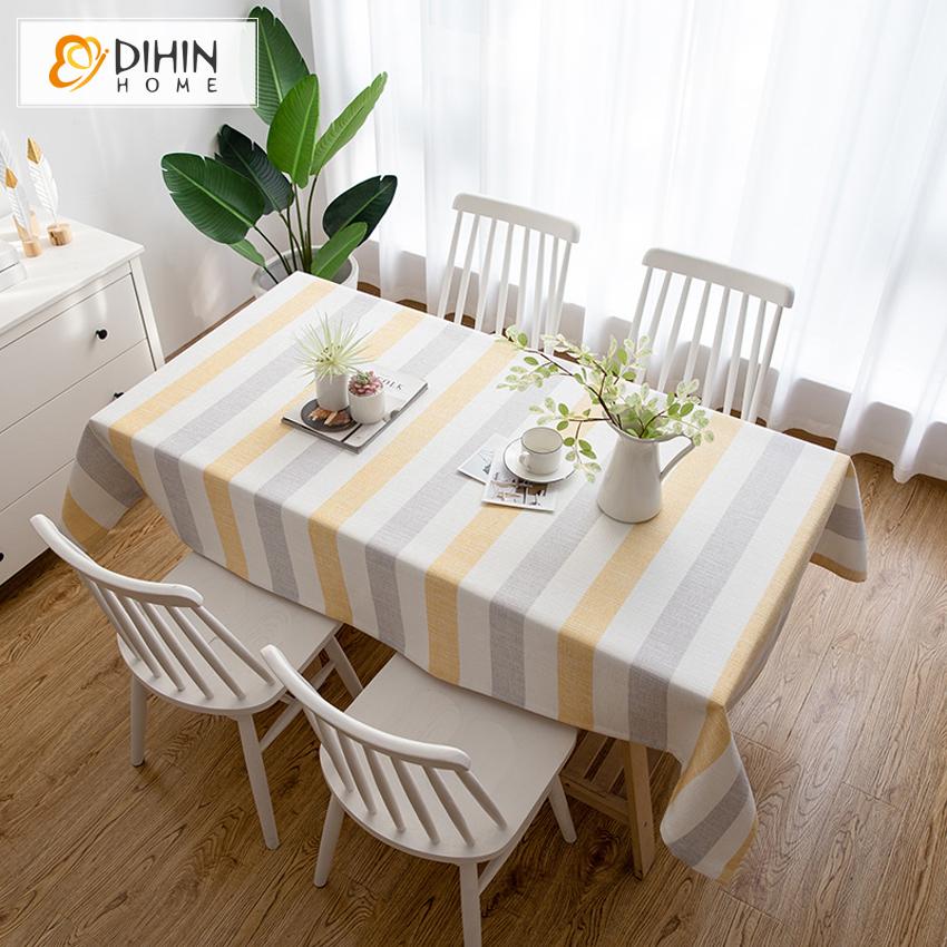 DIHINHOME Home Textile Tablecloth DIHIN HOME Modern Yellow and Grey Strips Printed Tablecloth For Rectangle Tables,Custom Washed Linen Tablecloth,Handmade Rectangle Table Cover