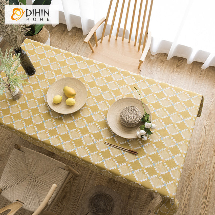 DIHINHOME Home Textile Tablecloth DIHIN HOME Modern Yellow Geometric Printed Tablecloth For Rectangle Tables,Custom Washed Linen Tablecloth,Handmade Rectangle Table Cover
