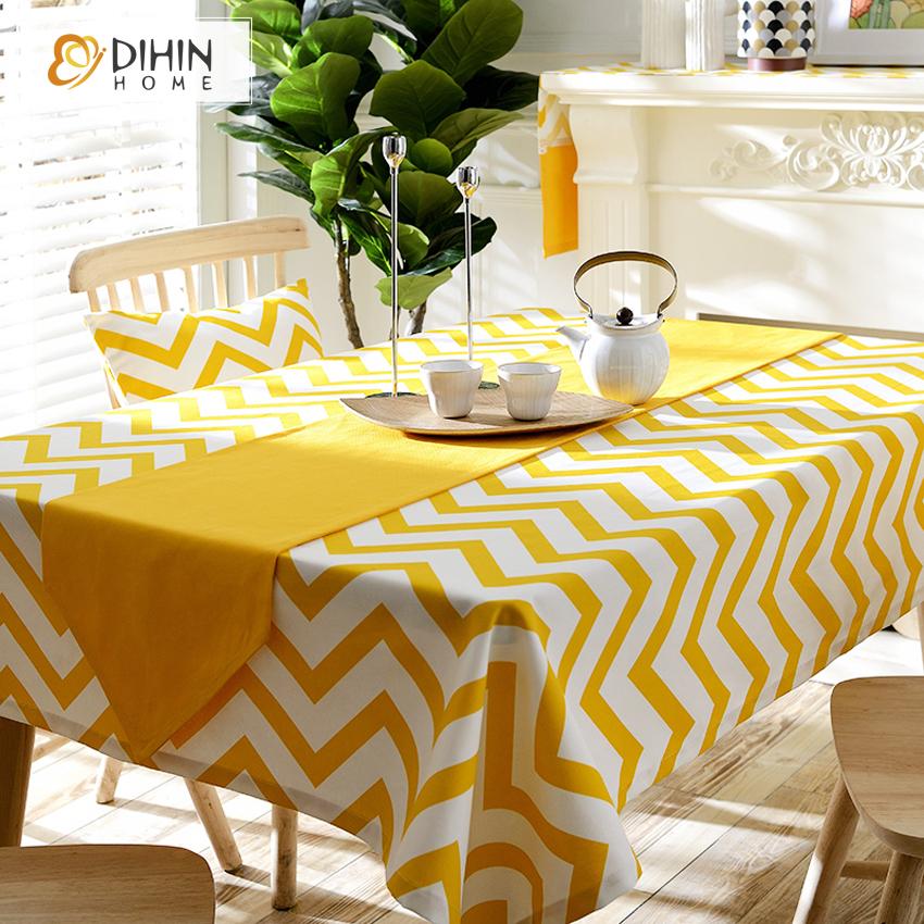 DIHINHOME Home Textile Tablecloth DIHIN HOME Modern Yellow Waves Printed Tablecloth For Rectangle Tables,Custom Washed Linen Tablecloth,Handmade Rectangle Table Cover