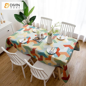 DIHINHOME Home Textile Tablecloth DIHIN HOME Nordic Abstract Geometry Printed Tablecloth For Rectangle Tables,Custom Washed Linen Tablecloth,Handmade Rectangle Table Cover