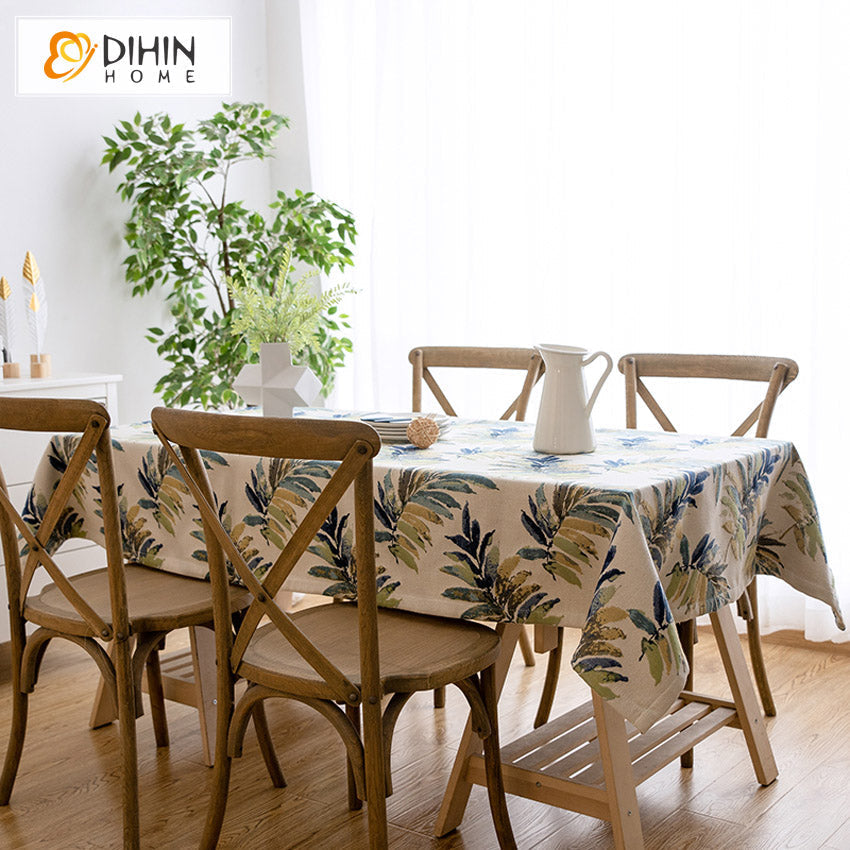 DIHINHOME Home Textile Tablecloth DIHIN HOME Pastoral Banana Leaves Printed Tablecloth For Rectangle Tables,Custom Washed Linen Tablecloth,Handmade Rectangle Table Cover