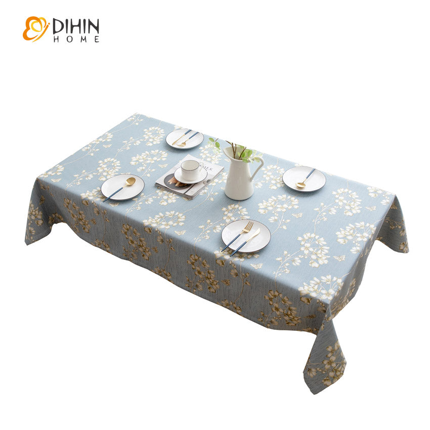 DIHINHOME Home Textile Tablecloth DIHIN HOME Pastoral Blue Color White Flowers Printed Tablecloth For Rectangle Tables,Custom Washed Linen Tablecloth,Handmade Rectangle Table Cover