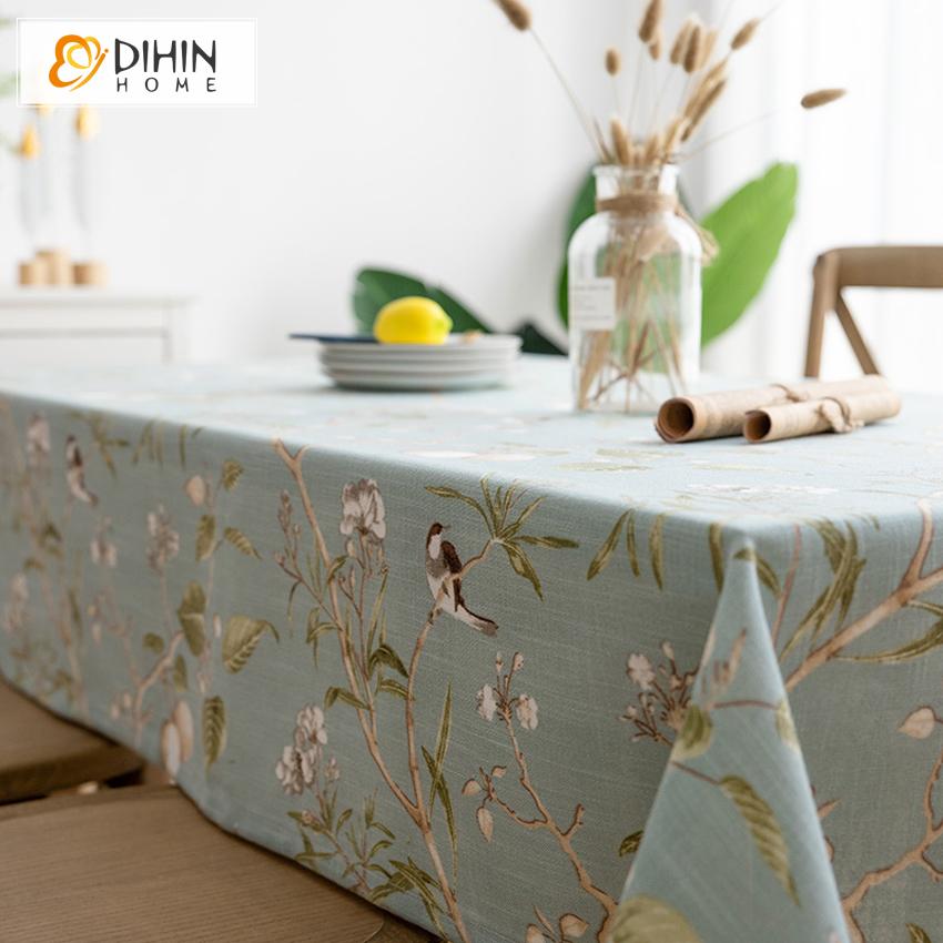 DIHINHOME Home Textile Tablecloth DIHIN HOME Pastoral Blue Fabric Bird and Flower Printed Tablecloth For Rectangle Tables,Custom Washed Linen Tablecloth,Handmade Rectangle Table Cover